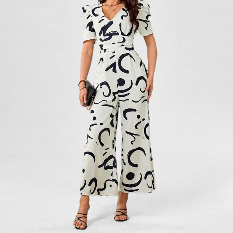 Chic V-Neck Cinched-Waist Wide-Leg Jumpsuit with Pockets