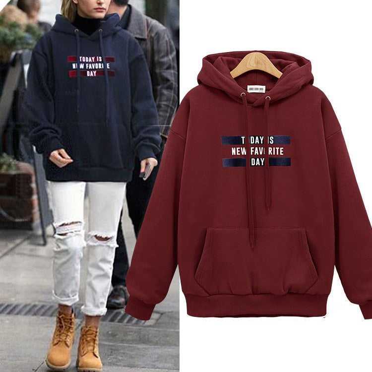 Women's Letter Print Loose Fleece Pullover Hoodie