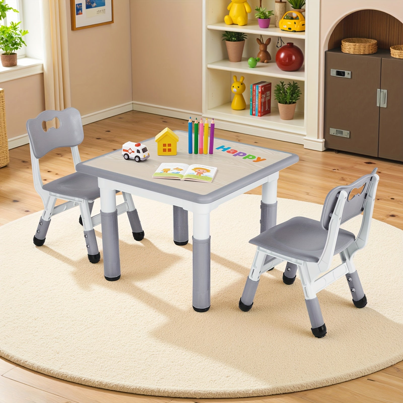Kids Height-Adjustable Table and Chair Set with Non-Slip Legs and Easy-Clean Graffiti Desktop, 23.6" L x 23.6" W, Beige