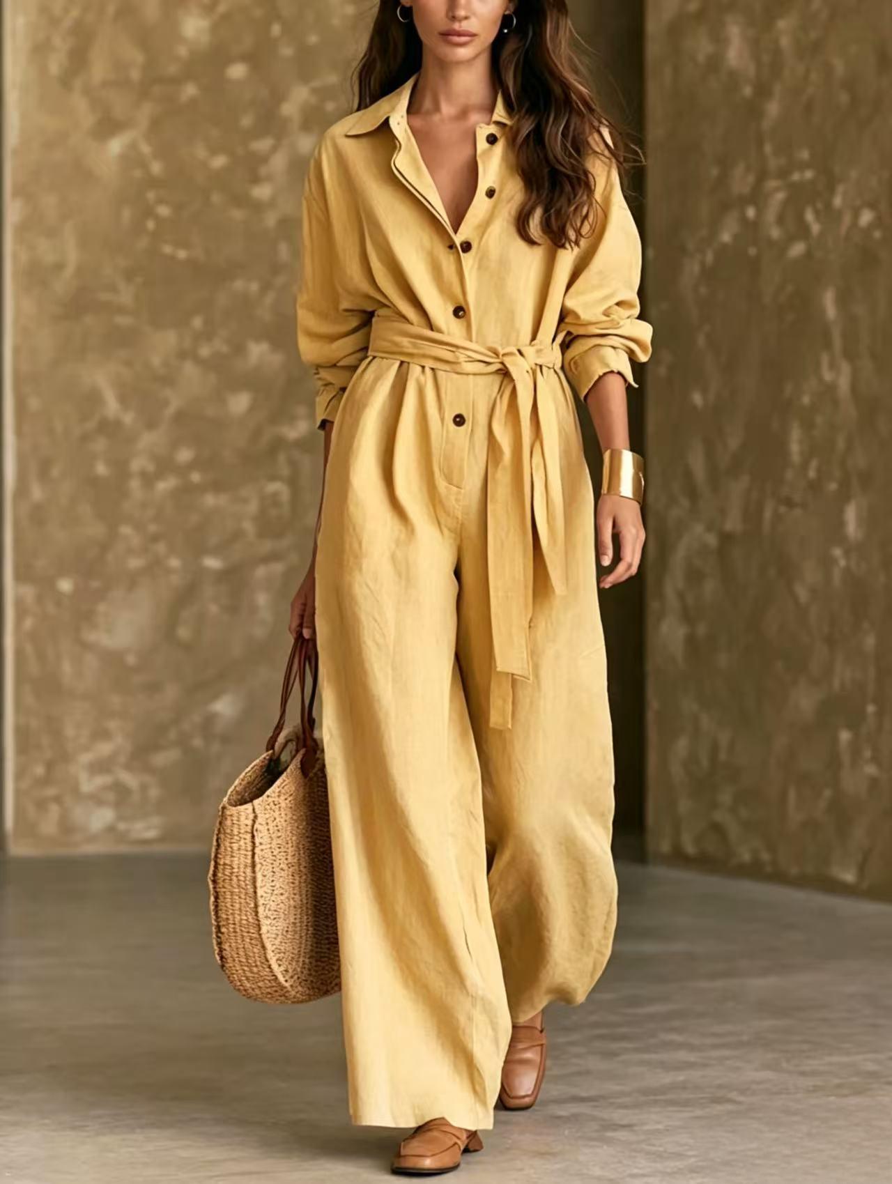 Women's Casual Belted Long-Sleeve Wide-Leg Jumpsuit