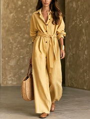 Women's Casual Belted Long-Sleeve Wide-Leg Jumpsuit