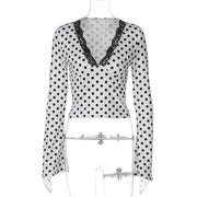 V-Neck Lace Trim Short Sleeve Top for Women