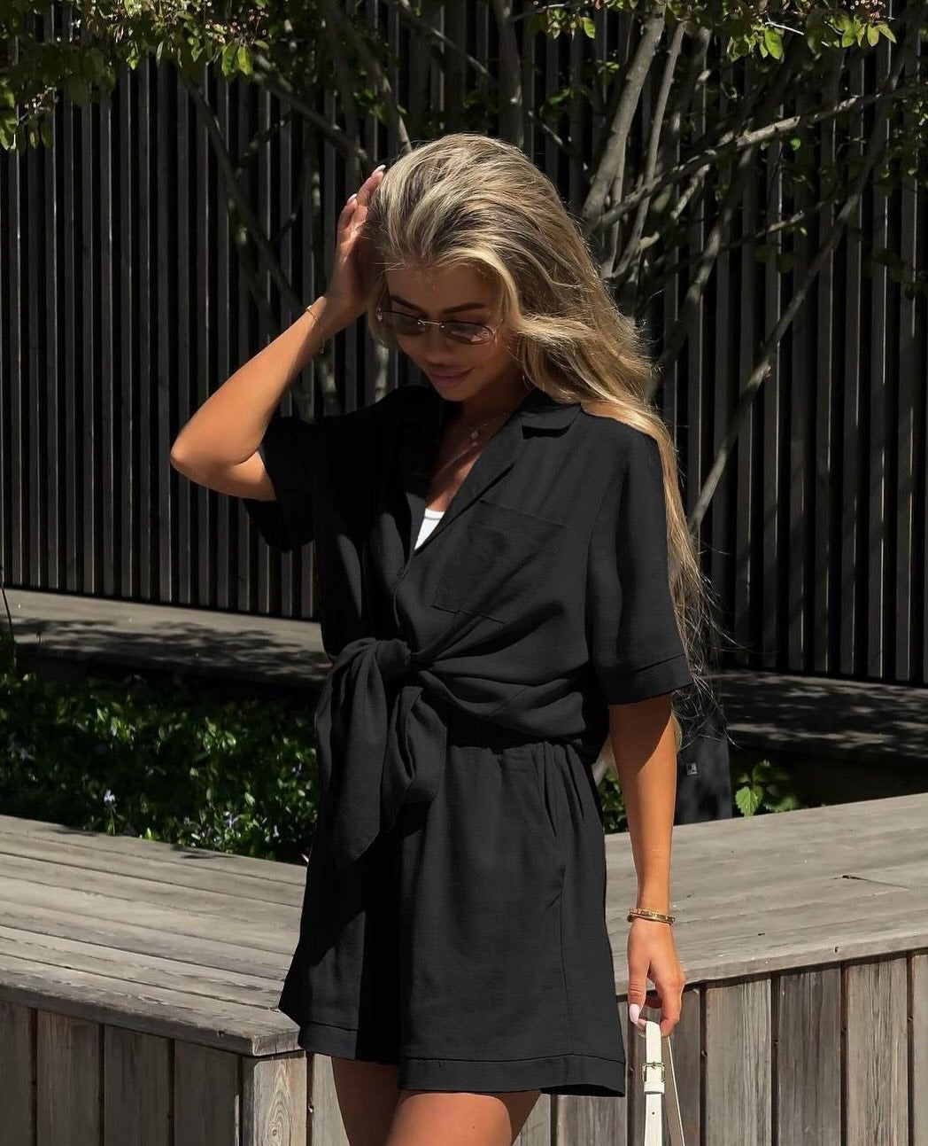 Women's Short-Sleeve Lace-Up Collar Summer Jumpsuit Romper