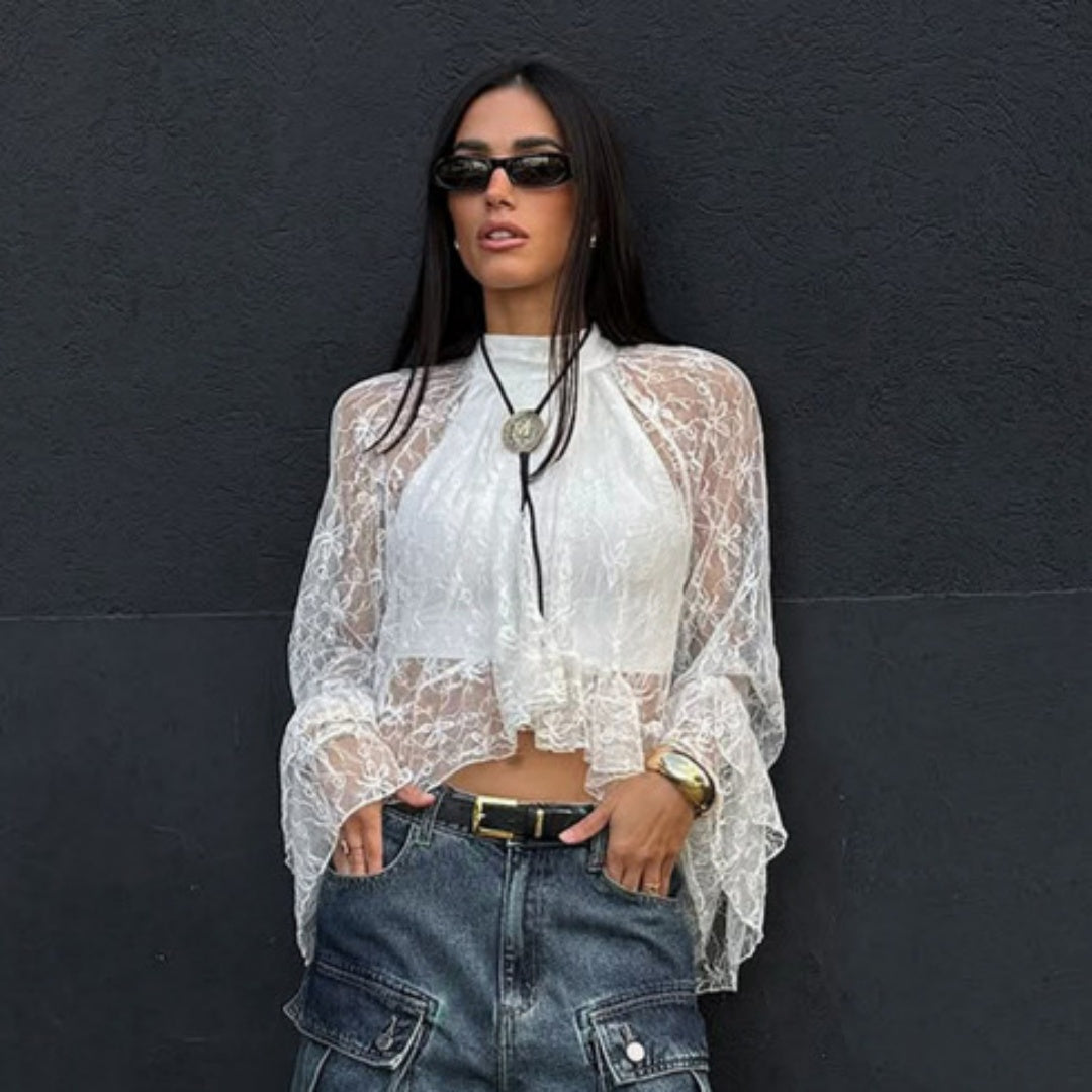 White Lace Jacquard Sheer High-neck Workwear Relaxed-style Long-sleeve Shirt
