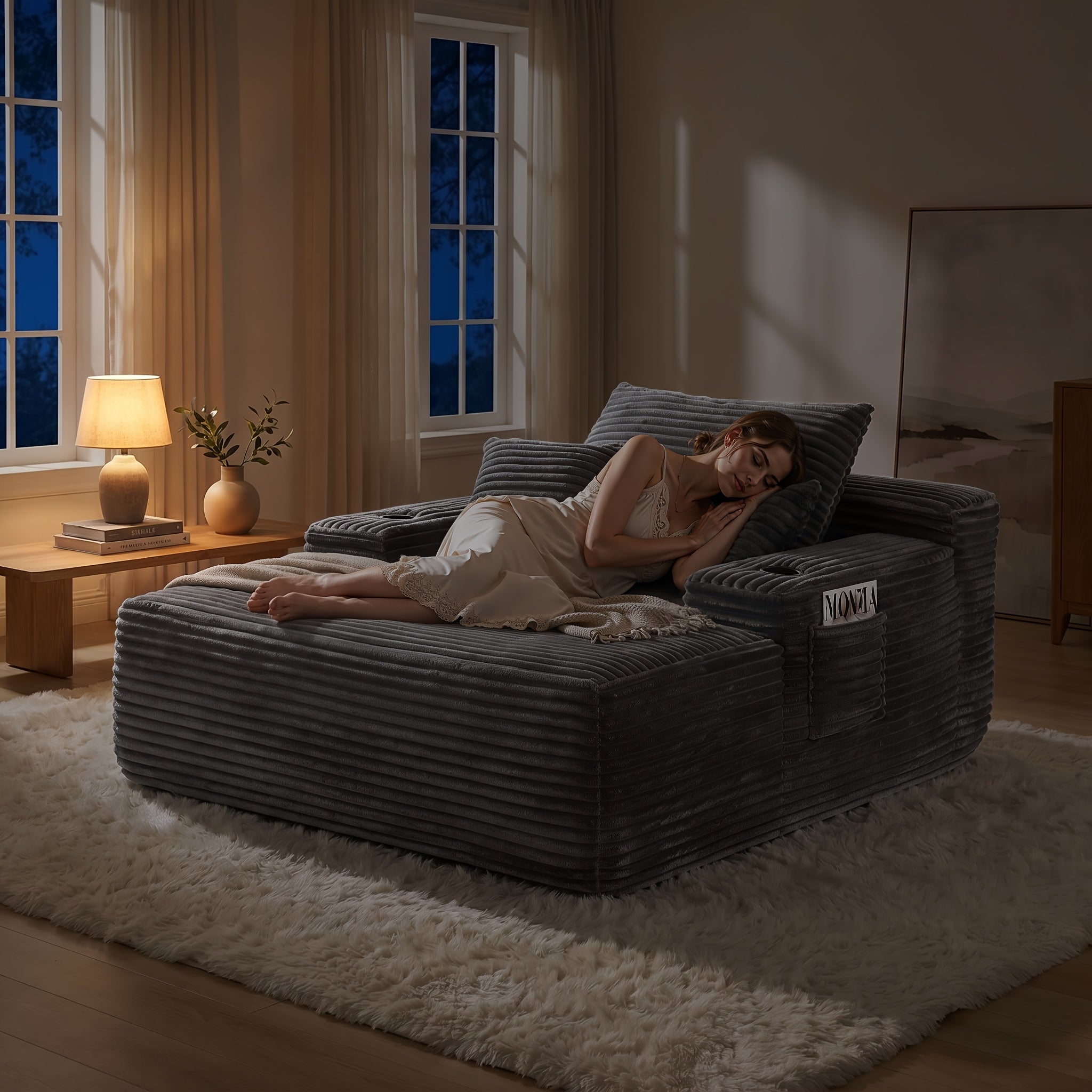 Extra-Large Convertible Chaise Lounge Sofa with High-Rebound Foldable Recliner, Pocket Spring System, High-Density Foam Padding, Cup Holder and Side Pockets