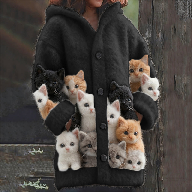 Womens Casual Hooded Cape with Cat Print