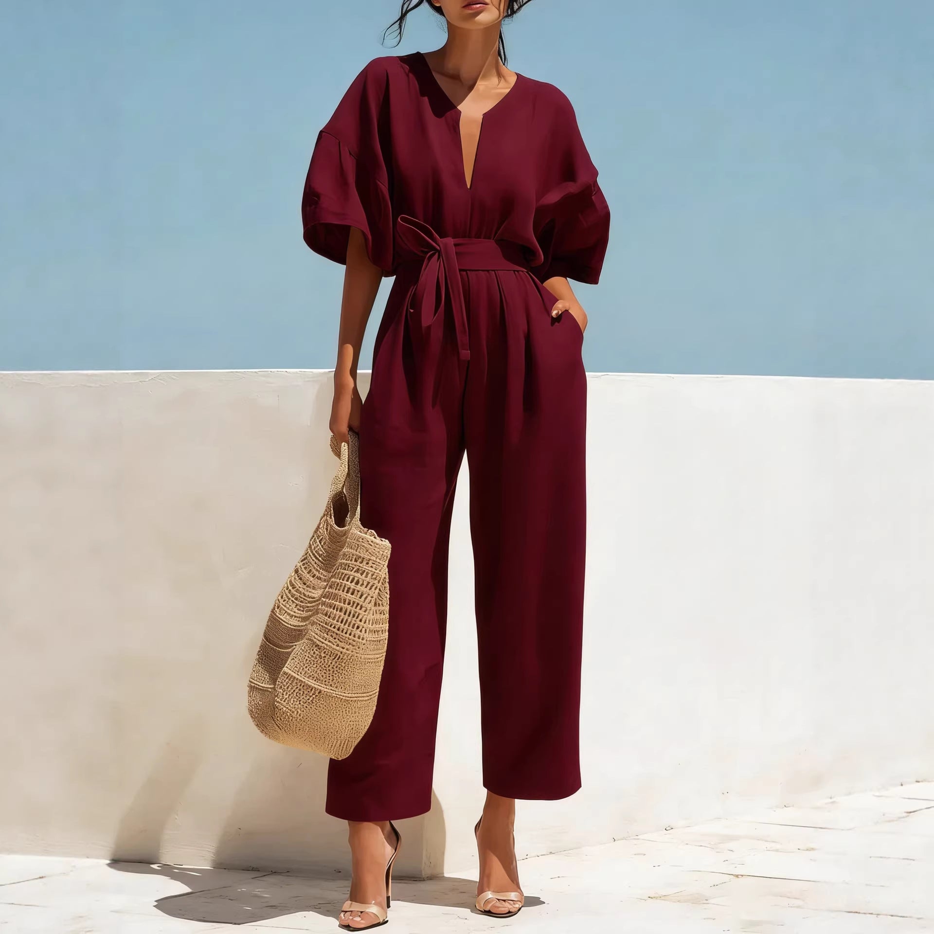 Women's Cotton Linen V-Neck Wide-Leg Jumpsuit