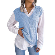 Hollow-out Wave-patterned V-neck Knitted Vest Sweater