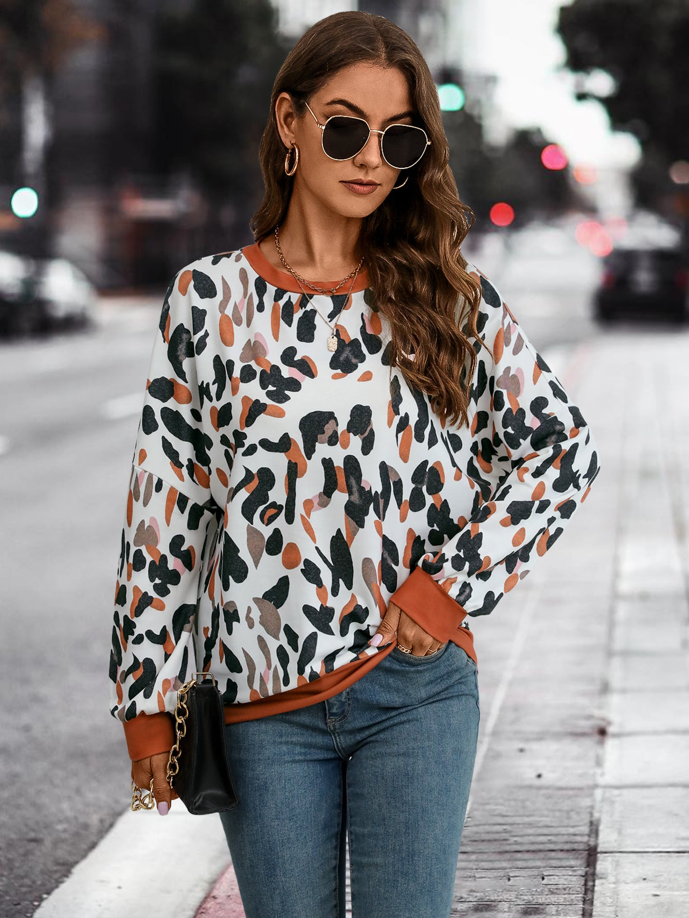 Chic Lantern Sleeve Printed Sweater for Casual Daily Wear