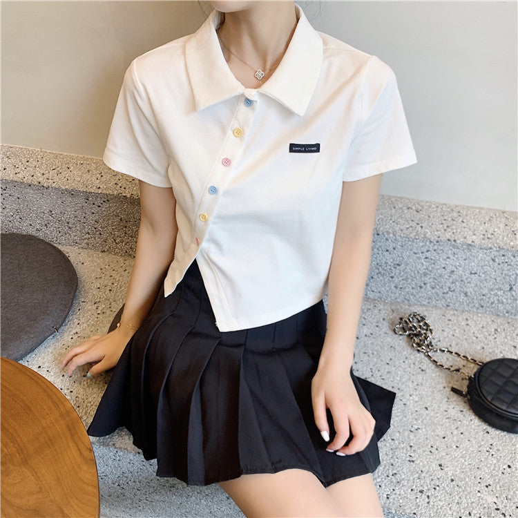 Female Cultivator's High-waisted Lapel-collar Short-sleeve T-shirt