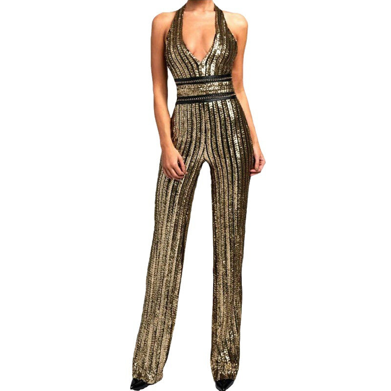 Fashion V-neck Sequins Jumpsuit Waist-slimming Belt Party Casual