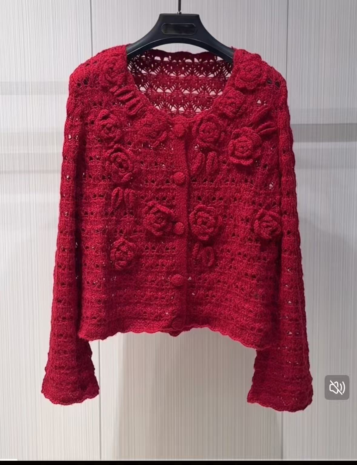 Angolan Red Rose 3d Crochet Hollow-out Vintage Knitted Cardigan Sweater