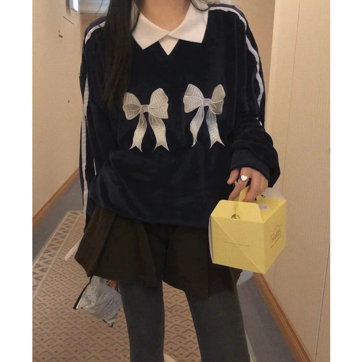 Retro Bow Embroidered Striped Contrast Knit Sweater