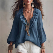 Navy Lantern‑Sleeve V‑Neck Long‑Sleeve Shirt – Cozy & Stylish