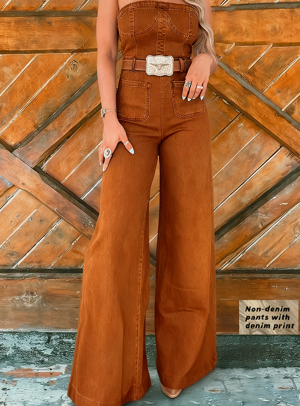 Denim Print Wide-Leg Tube Jumpsuit