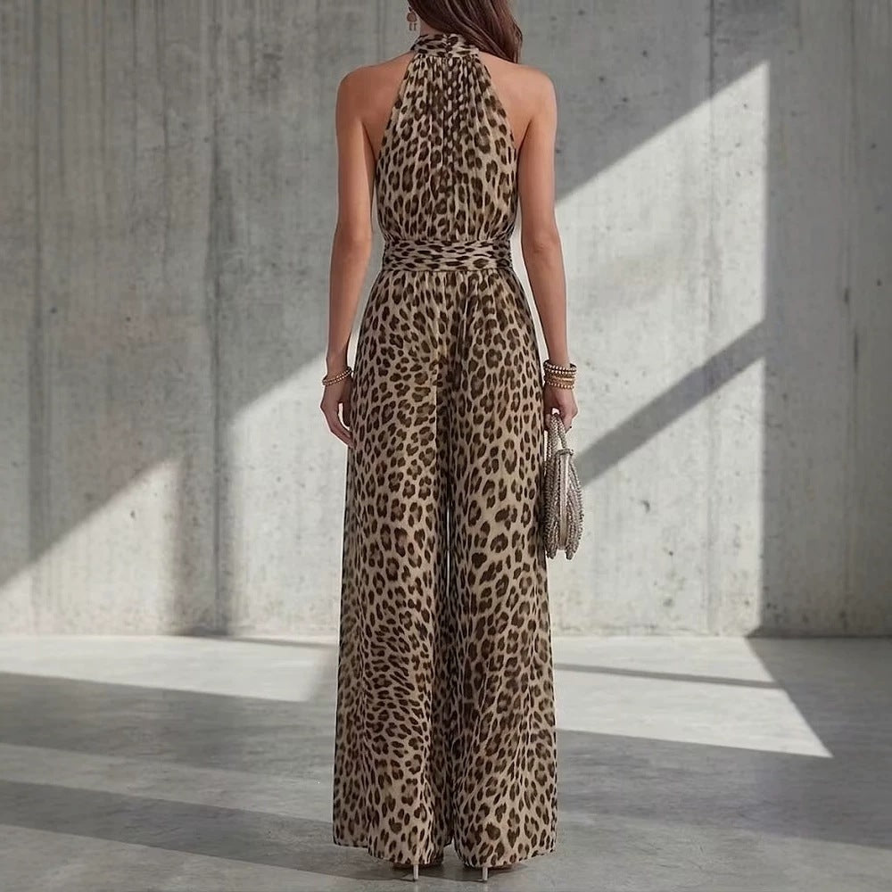 Leopard Print Halter Sleeveless Casual Jumpsuit