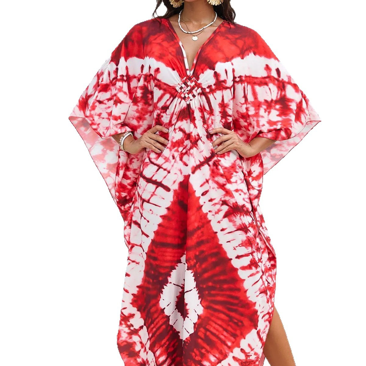Printed Beach Cover-up Hand-knitted V-neck Plus-size Dress