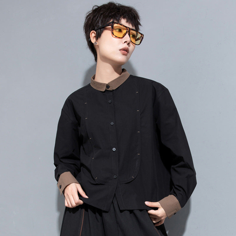 Cool Contrast Color Stitching Long-sleeved Shirt Women