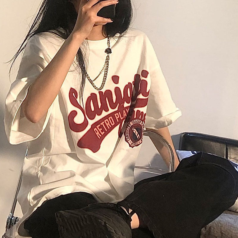 Chic White Letter Print Half Sleeve Top