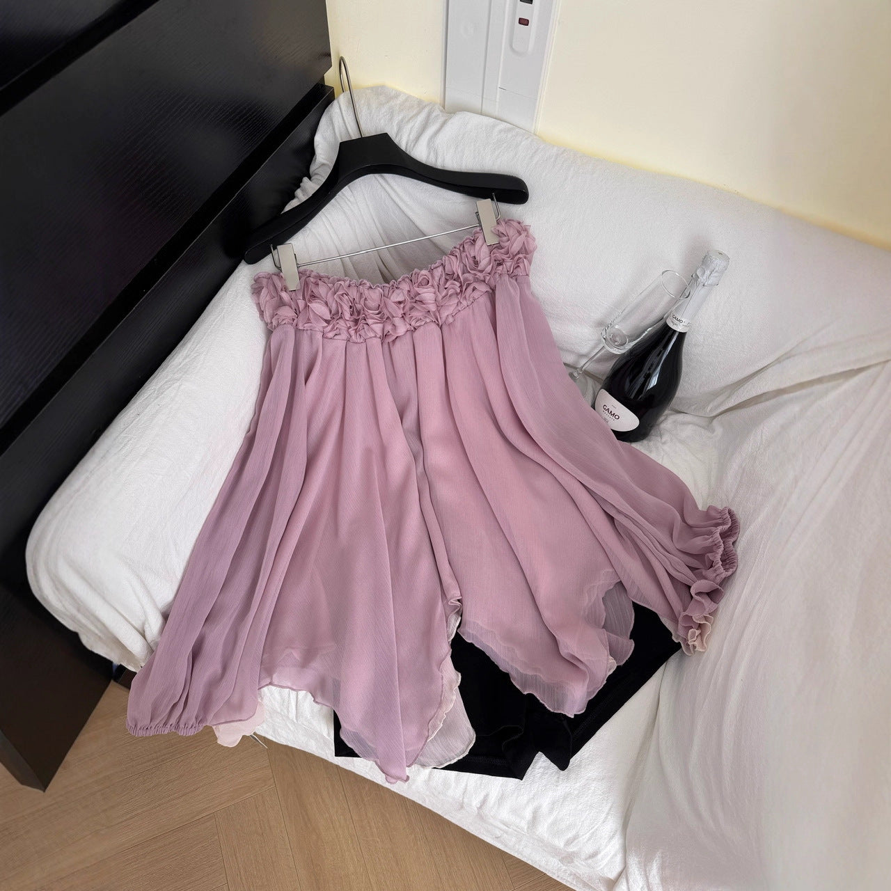 3D Rose Off‑Shoulder Chiffon Blouse – Flowy, Irregular Fit