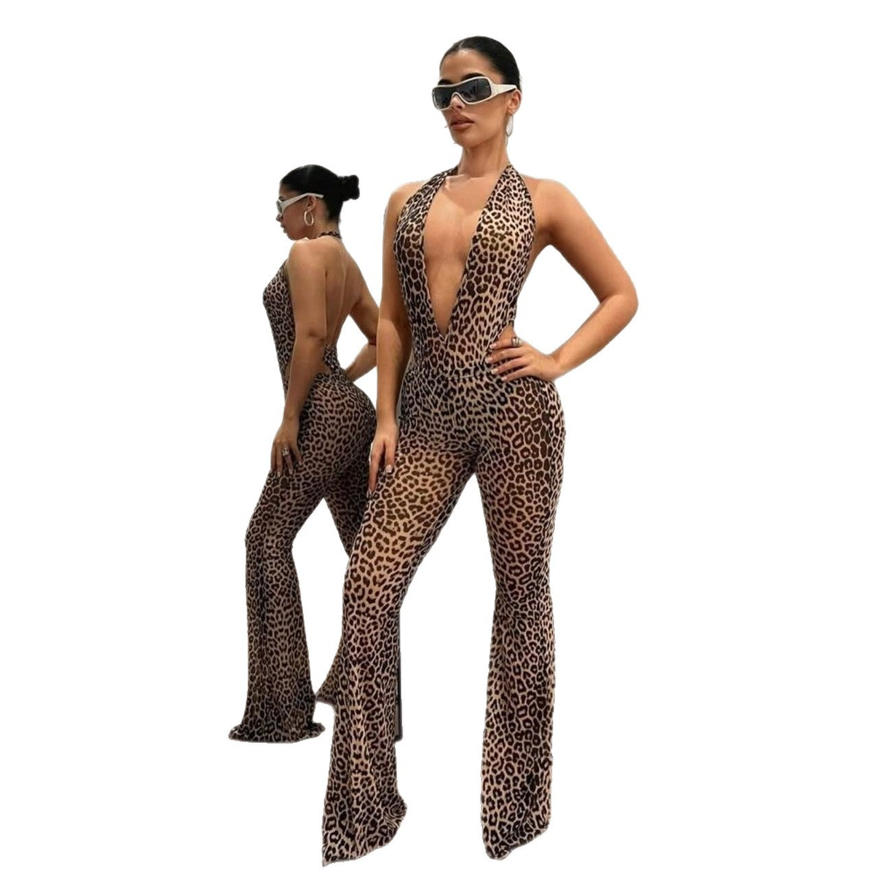 INS Leopard-Print Bodycon Sexy Backless Halter Deep-V Top With Flared Jumpsuit Pants