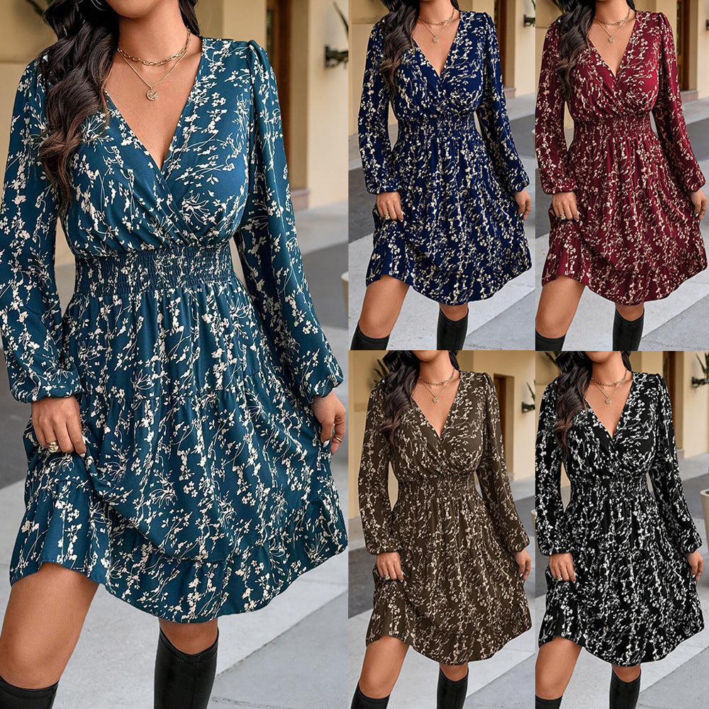 Womens V-neck Puff-sleeve Ruched-waist Tiered Short Dress