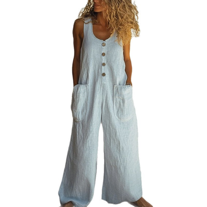 Casual Cotton Linen Sleeveless Loose Jumpsuit