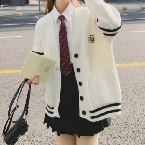 Korean-style V-neck Color-block Striped Elegant Sweater