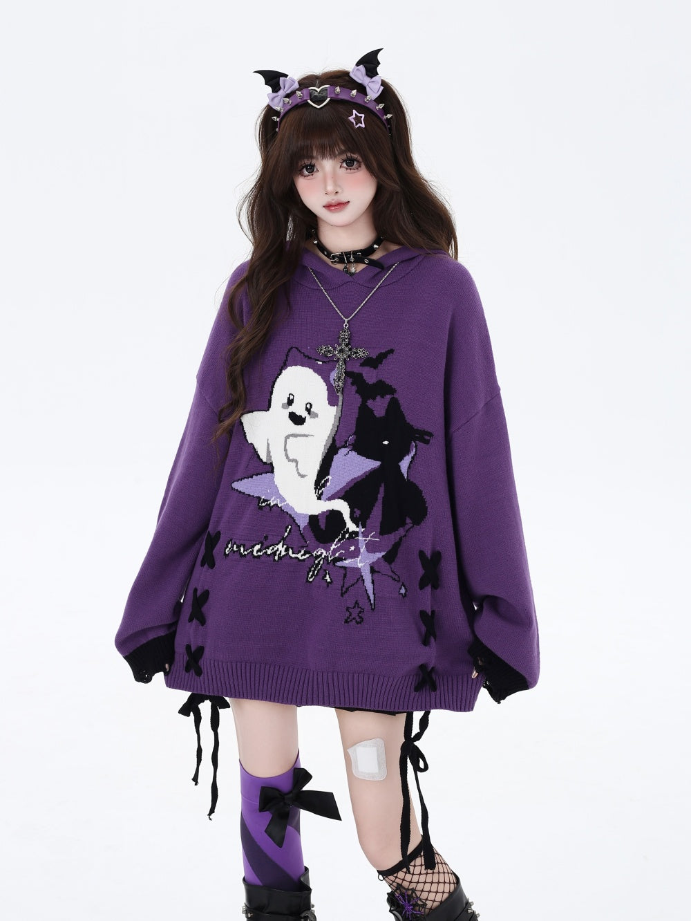 Halloween Little Ghost Lace Up Loose Sweater Top