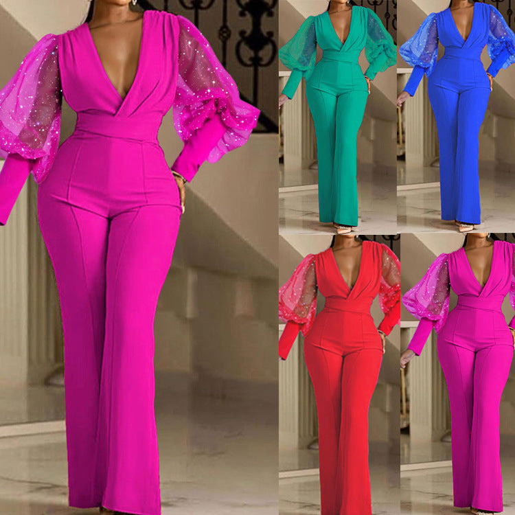 Mesh Long Sleeve Slim Wide Leg Jumpsuit