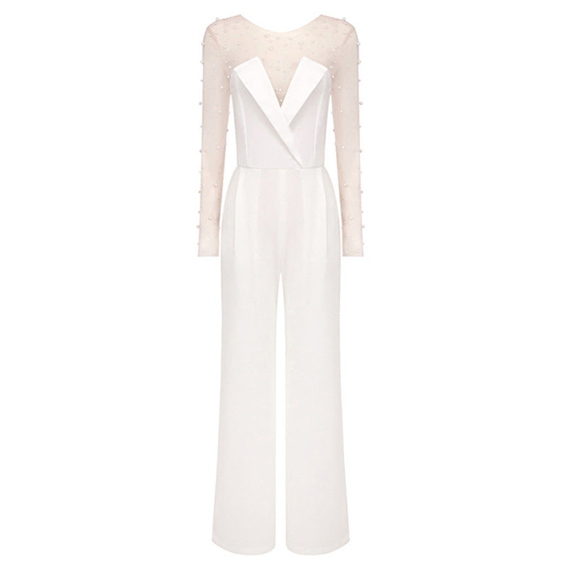 Chic Sheer Foam Mesh Long Sleeve Casual Jumpsuit