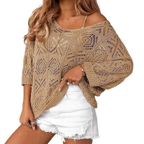 Crochet Hollowed-out Three-quarter-sleeve Pullover Sweater
