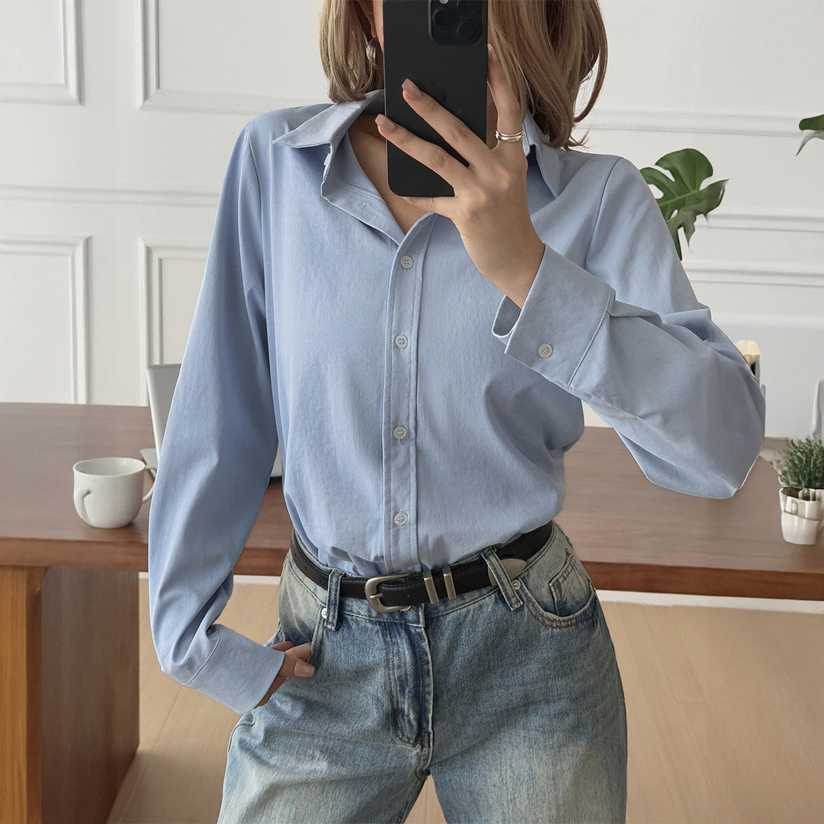 Women's Solid Color Casual Button Long Sleeve Cardigan Shirt