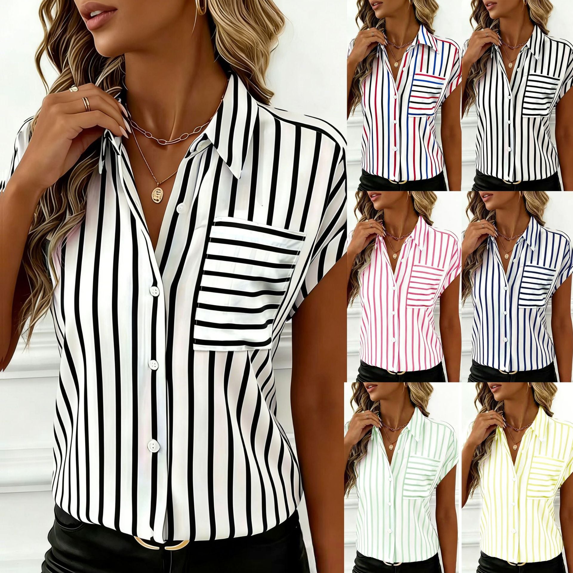 Shirt With Drop-Shoulder Sleeves Buttons Striped Pockets