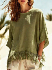 Cozy Autumn Crew Neck Fringe Tee
