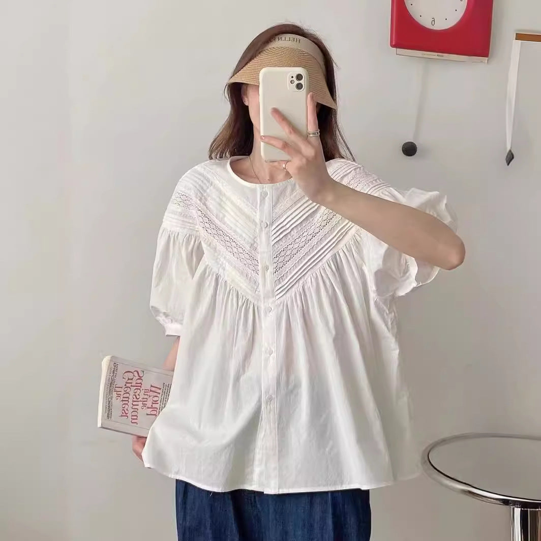 Solid Color Lace Round Neck Short Sleeve Top – Fresh & Sweet