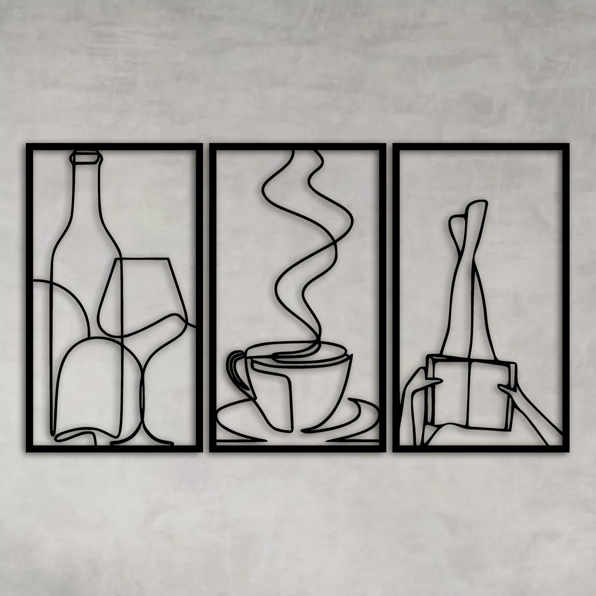 [Modern Metal Wall Art] 3pcs Modern Minimalist Metal Wall Art Set - 8x15 Inch, Laser-Cut Home Decor | Coffee, Wine, and Plant Line Drawings, Perfect Housewarming Gift for Book Lovers & Coffee…