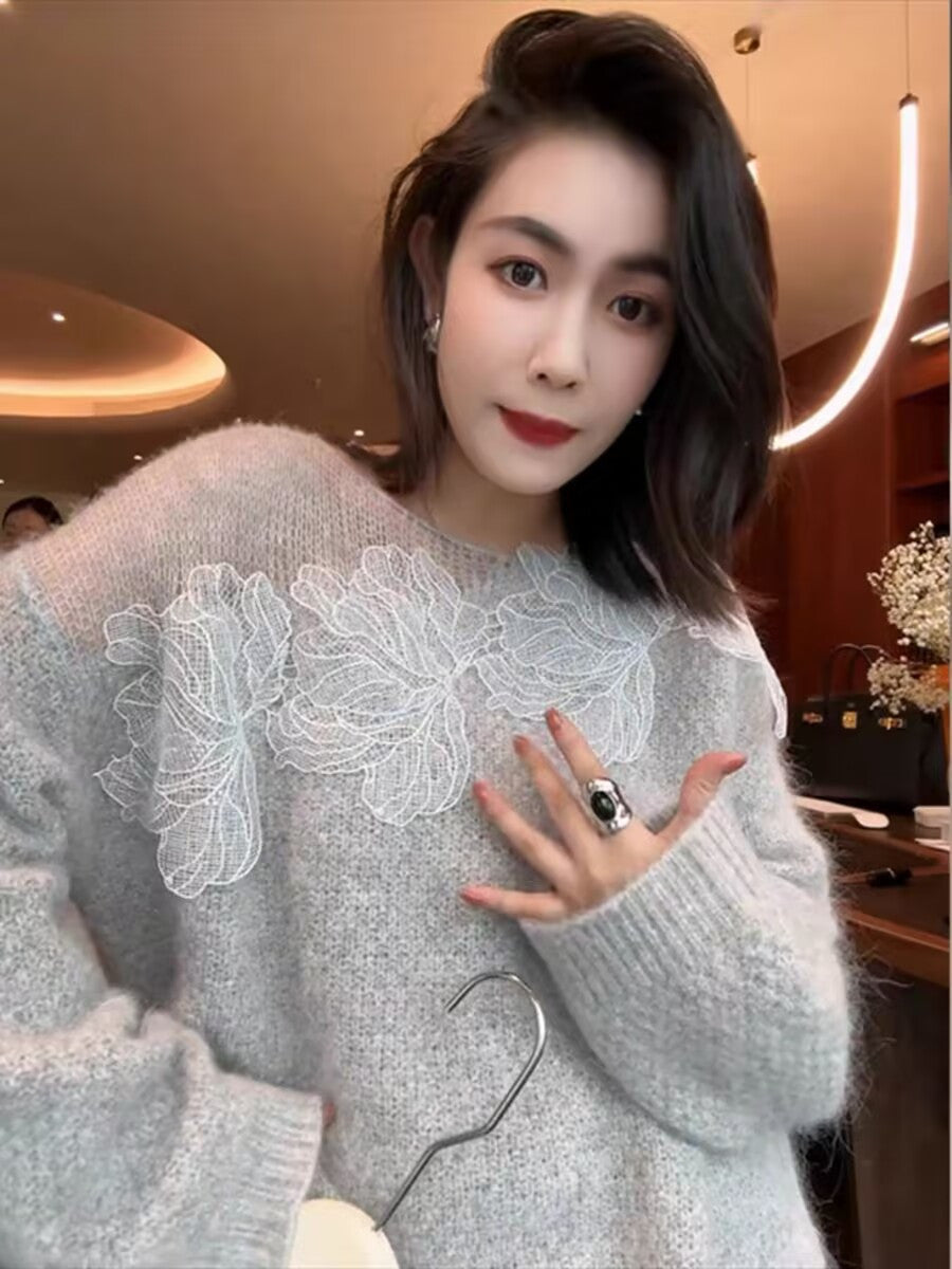 Womens Designer Lace-panel Hollow-out Sweater