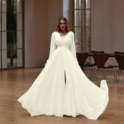 Elegant V-Neck Long-Sleeve Lightweight Wedding Dress