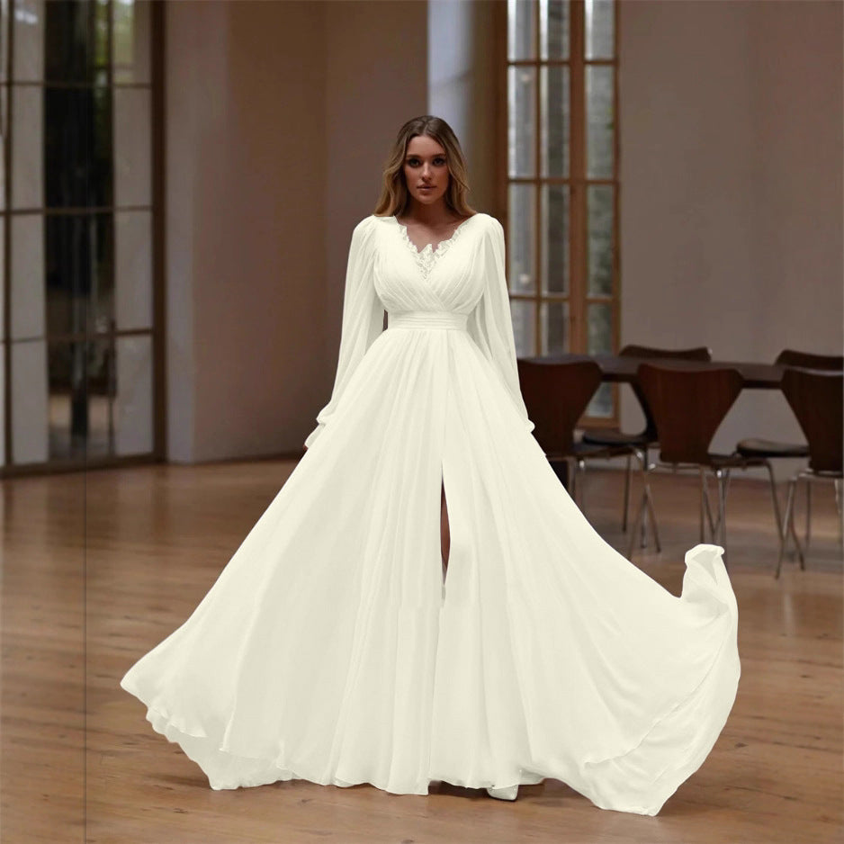 Elegant V-Neck Long-Sleeve Lightweight Wedding Dress