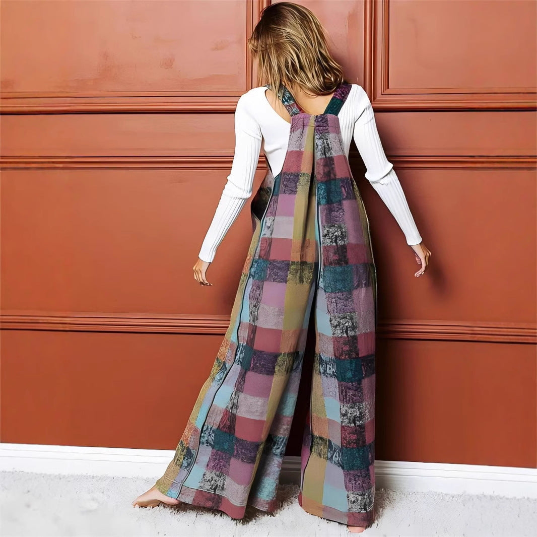 Women's Multi-color Plush Plaid Wide-leg Overalls