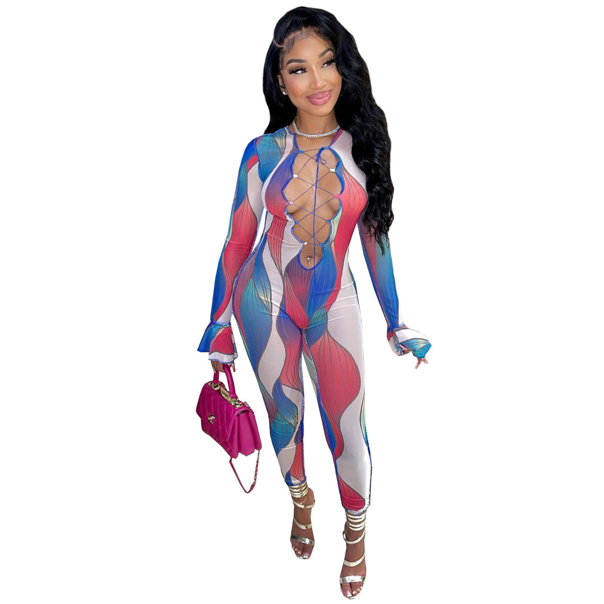 Women's Chic Printed Long-Sleeve Jumpsuit