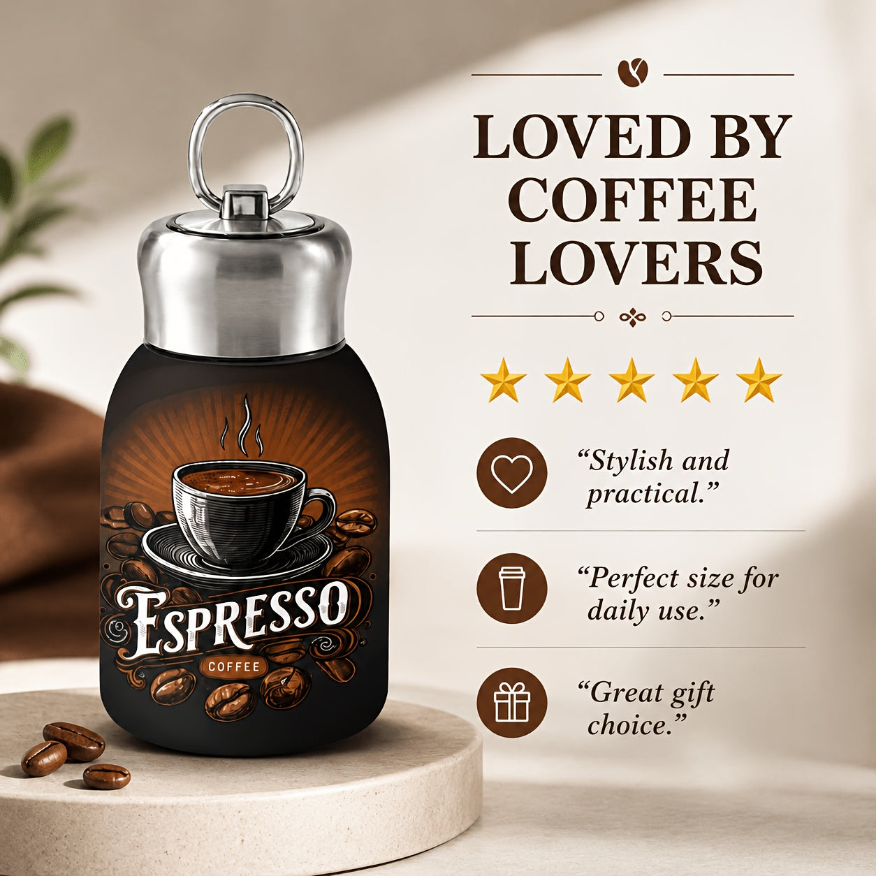 Portable 10 oz Stainless Steel Espresso Coffee Cup with Leakproof Lid
