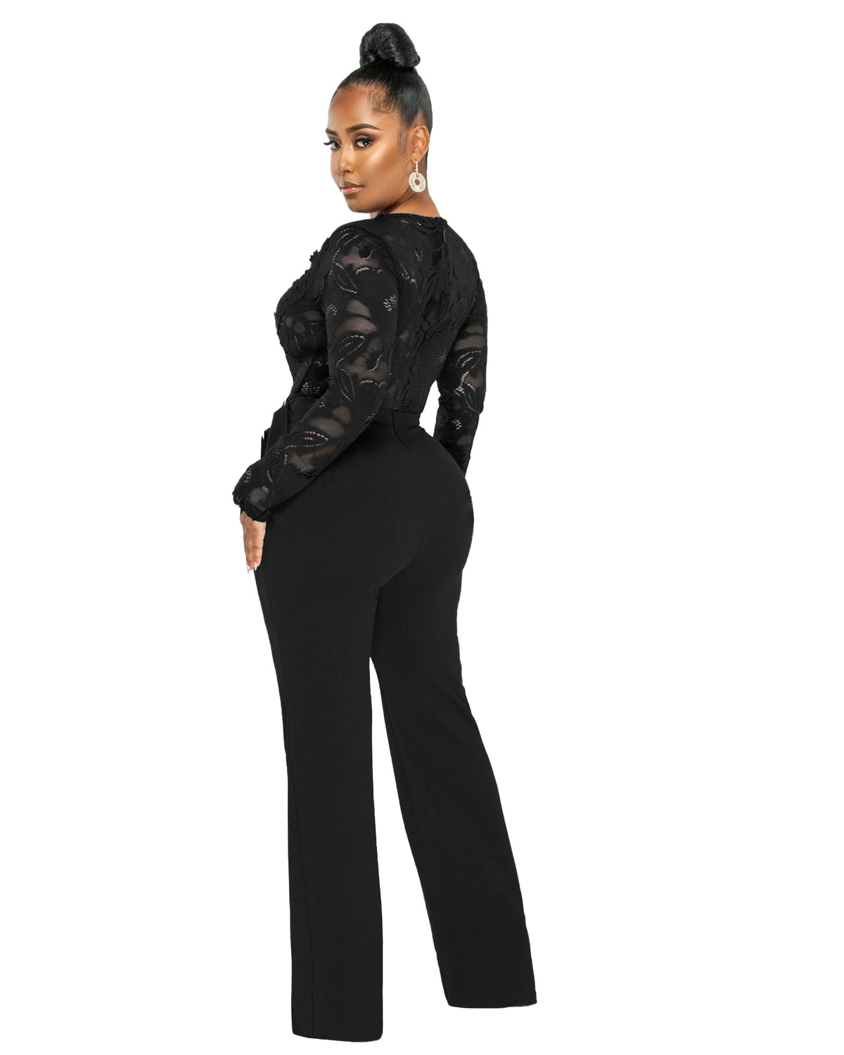 Women's Casual V-Neck Lace See-Through Slim Jumpsuit