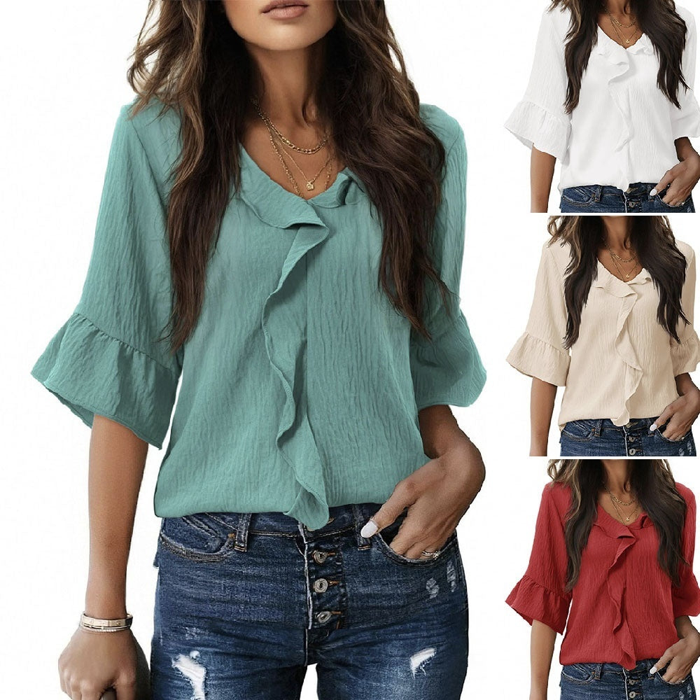 Minimalist Flared Sleeve Top – Casual Ruffle Trim, 3/4 Length