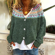 Digital Printing Thick Needle Women's Large V-neck Cardigan Short Long-sleeved Sweater