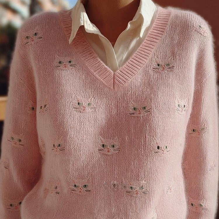 Womens Loose-fit Crew-neck Pullover Sweater with a Print Pattern