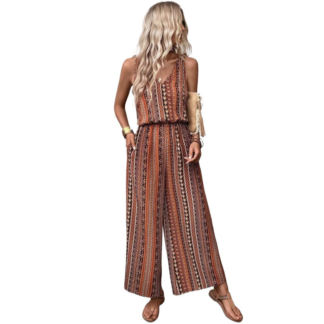 Casual Striped Wide-Leg Jumpsuit with Straps & Elastic Waist