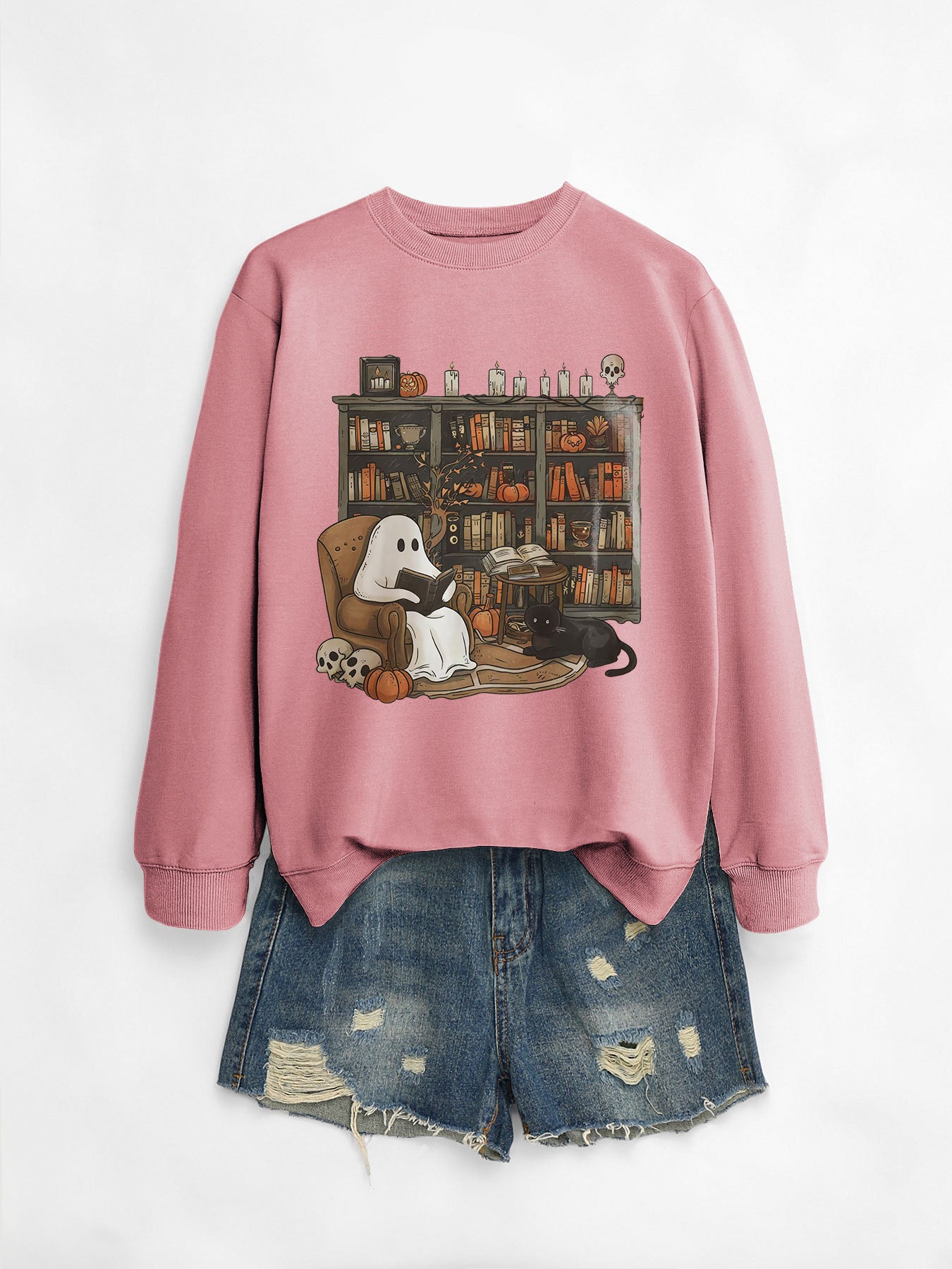Cozy Black Cat Bookshelf Halloween Sweatshirt