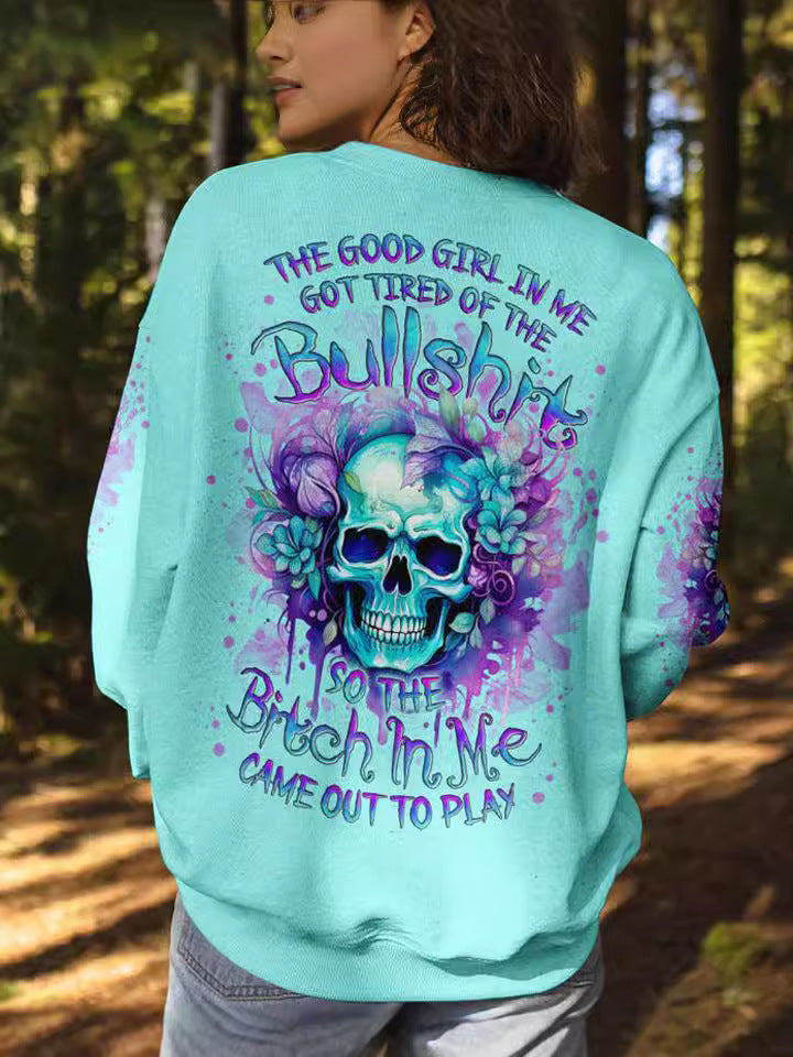Trendy Green Skull Pullover Hoodie for Women